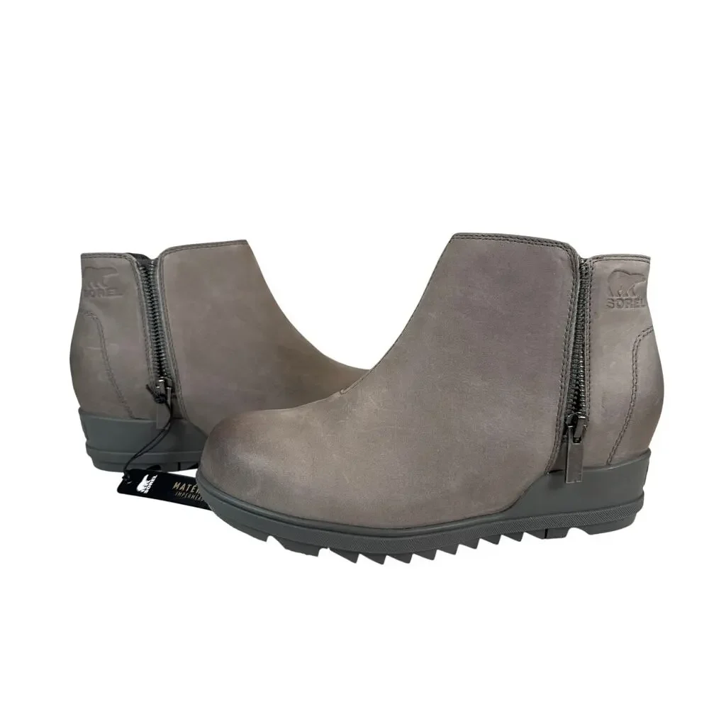 Sorel Evie Zip Bootie‎ Wedge Womens 8 Waterproof Grey Leather Quarry Sea Salt